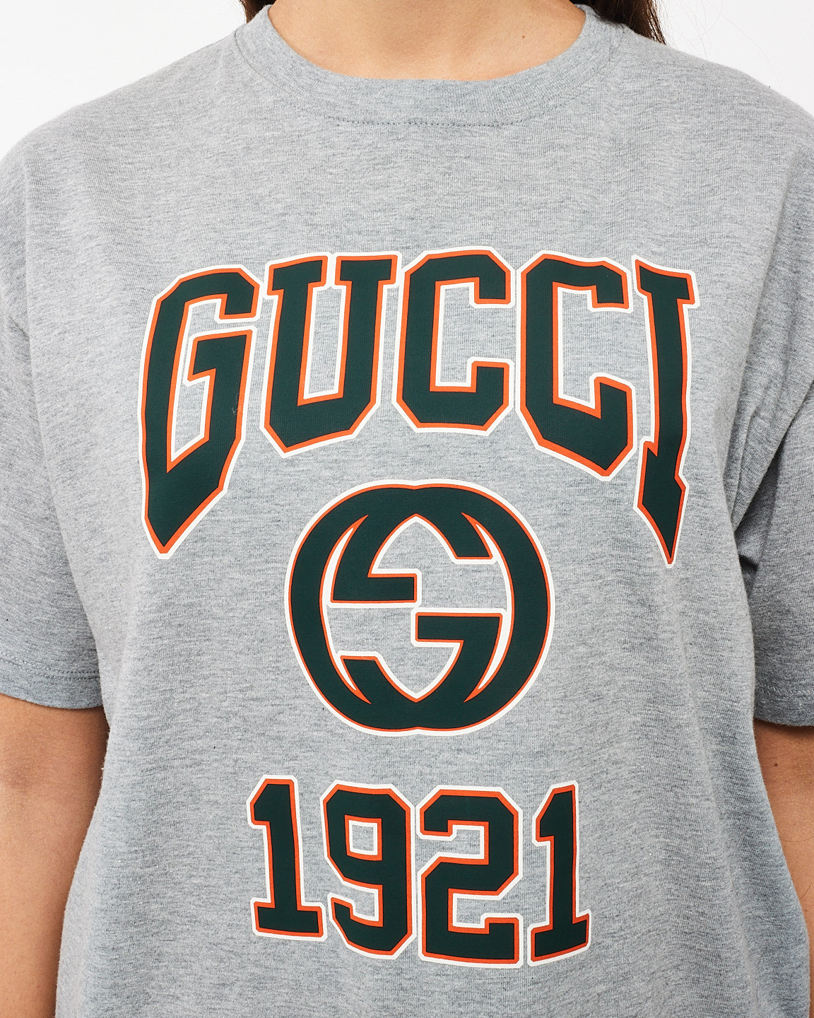 Gucci Grey Cotton T Shirt W Green & Orange GG 1921 Logo - S