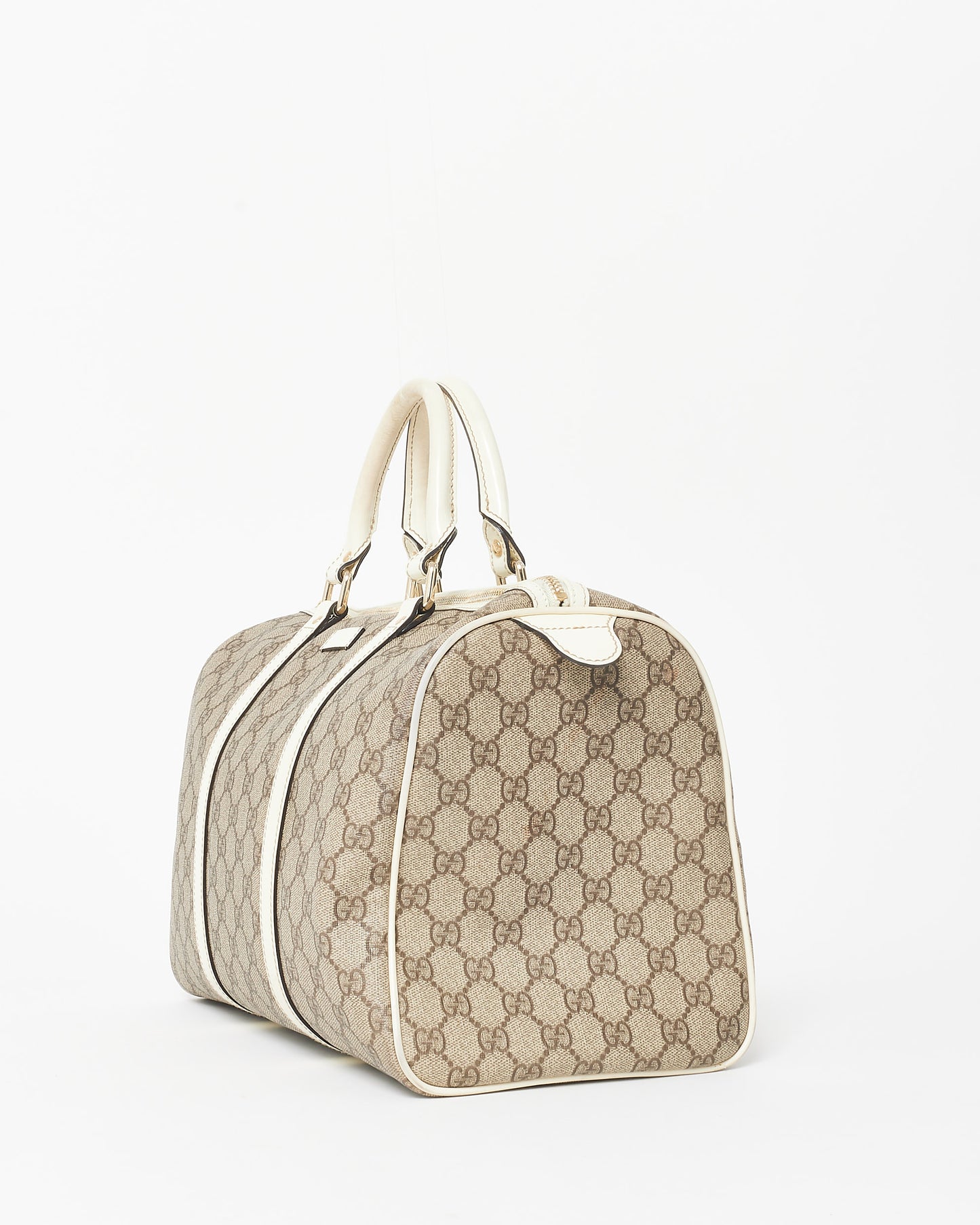 Gucci Monogram Coated Canvas & Cream Leather Trim Boston Bag