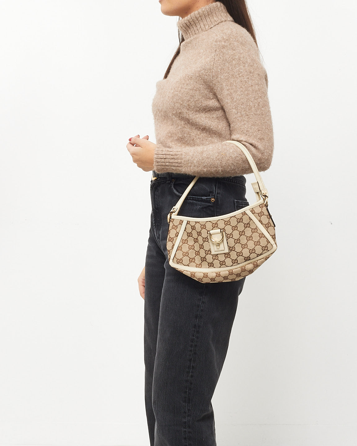 Gucci Beige and Brown Monogram Coated Canvas & Cream Leather Abbey D-Ring Pochette Shoulder Bag