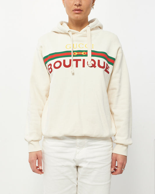 Gucci White Horsebit "Boutique" Logo Hoodie - XS