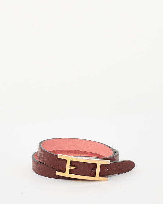 Hermès Burgundy/Pink Leather RGHW Behapi Double Tour Bracelet - T3