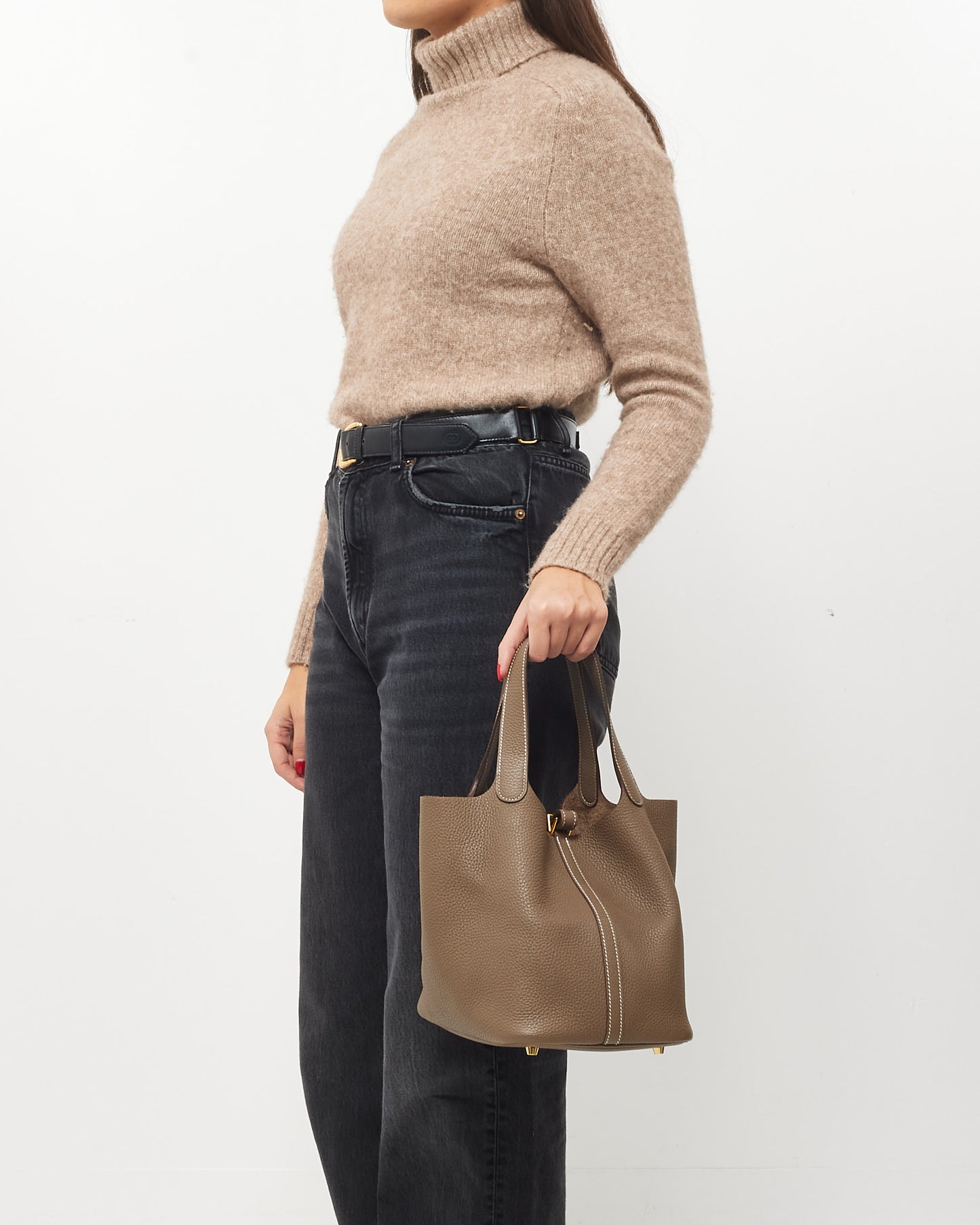 Hermès Étoupe Clemence Leather Picotin 22 GHW