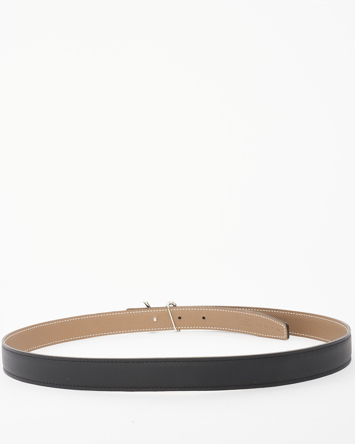Hermès Reversible Black & Etoupe Leather Cursive H Buckle Belt - 85