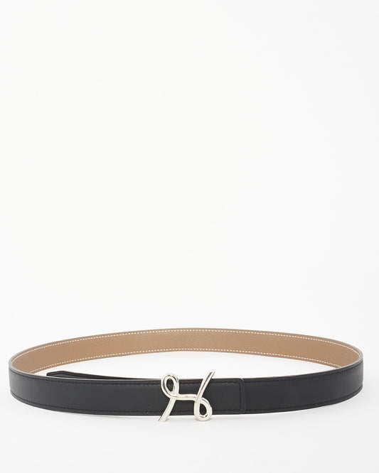 Hermès Reversible Black & Etoupe Leather Cursive H Buckle Belt - 85