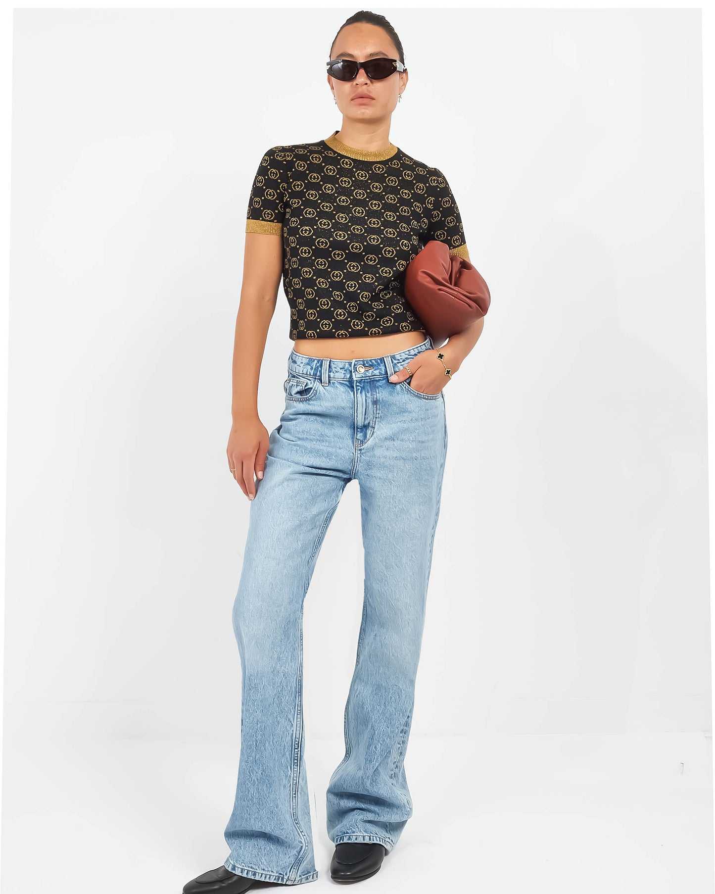 Gucci Black & Gold Sparkle Knit Monogram Sweater Top - XS