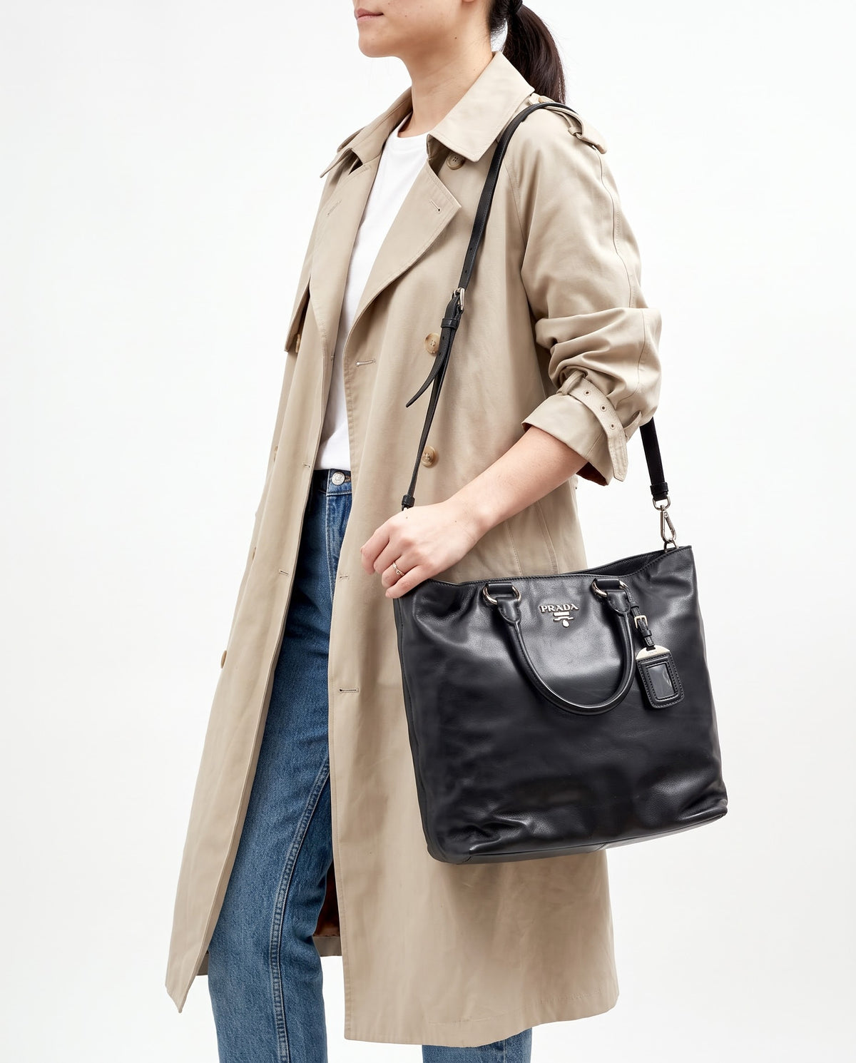 Prada Black Vitello Daino Leather 2Way Tote with Strap SHW