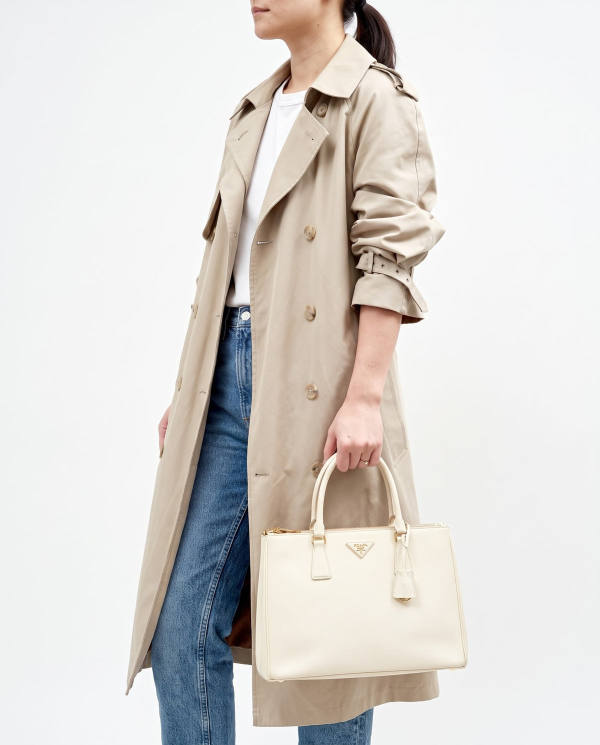 Prada White Saffiano Leather Medium Galleria Double Zip Tote (No Strap)