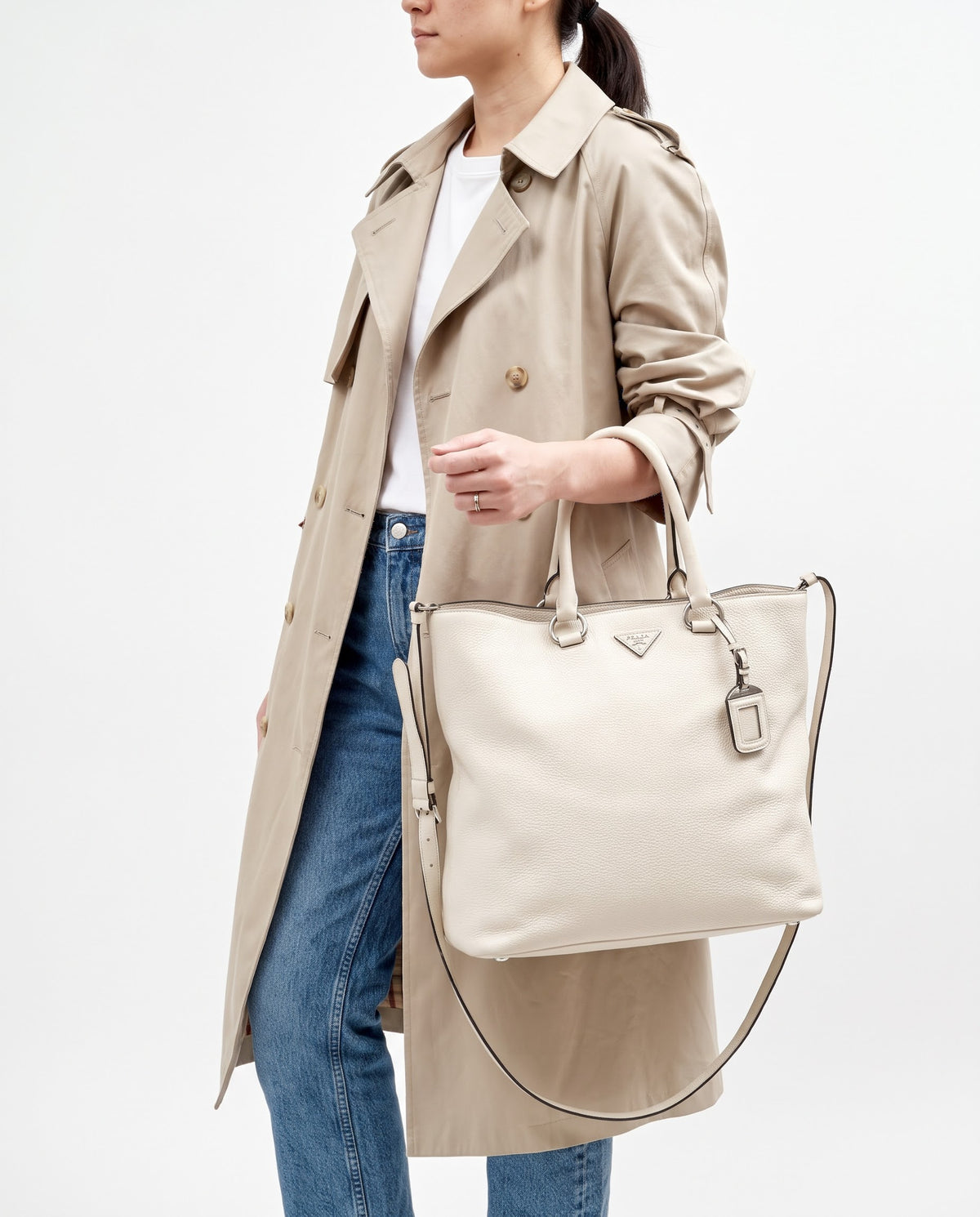 Prada White Vitello Daino Leather 2Way Tote with Strap