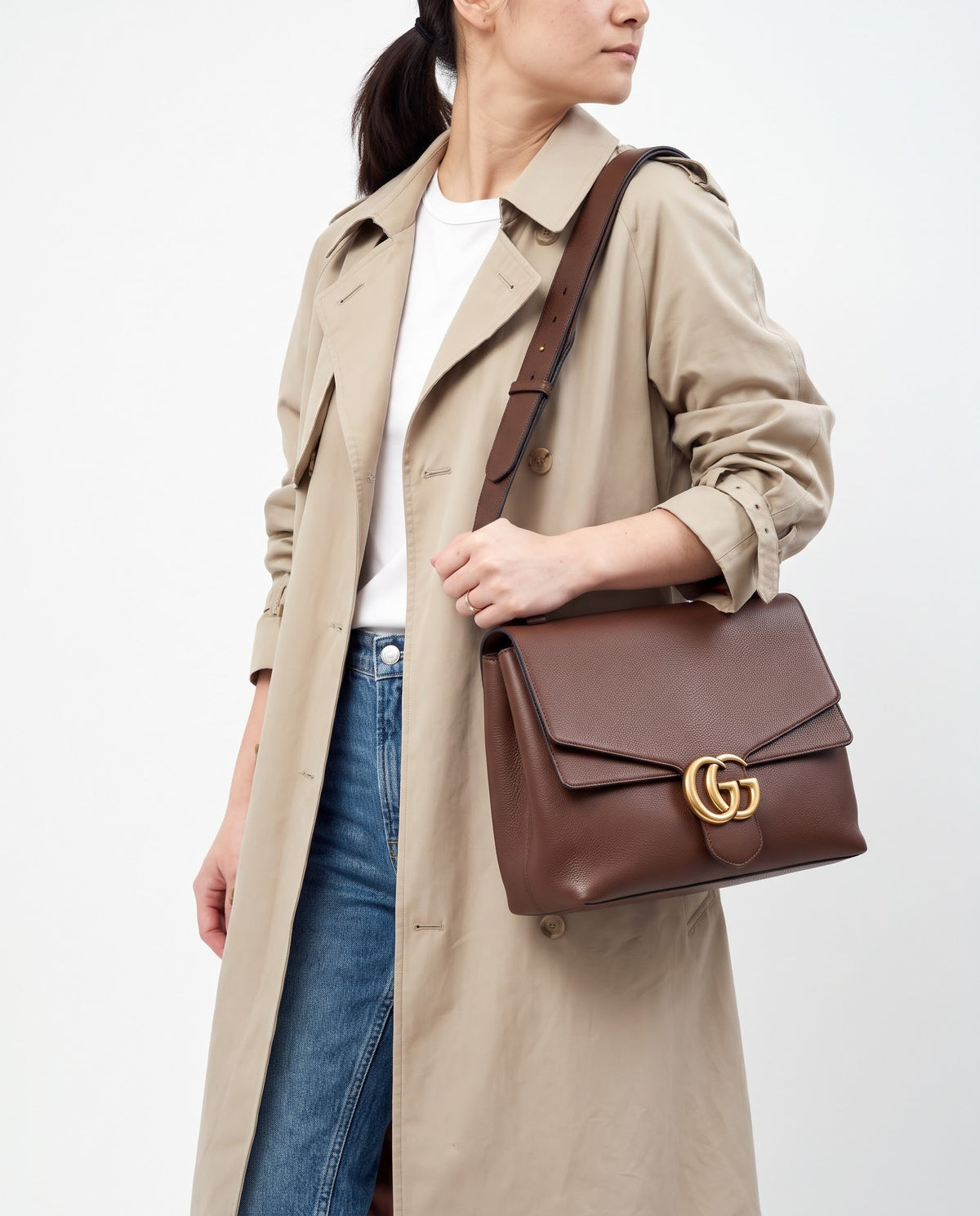 Gucci Brown Pebbled Leather GG Marmont Large Messenger Shoulder Bag