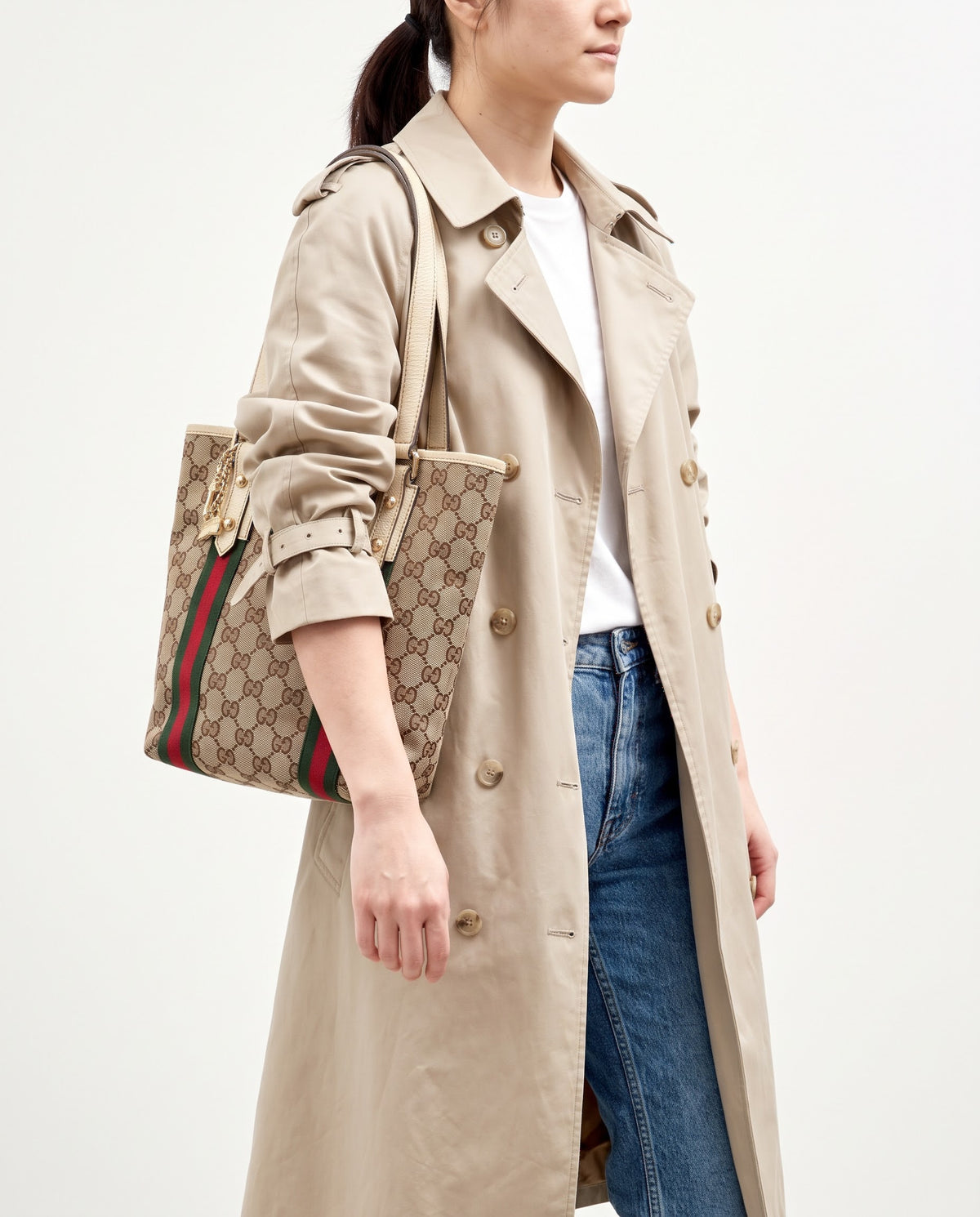 Gucci White Leather and Beige/Brown GG Monogram Canvas Jolicoeur Mini Tote Bag