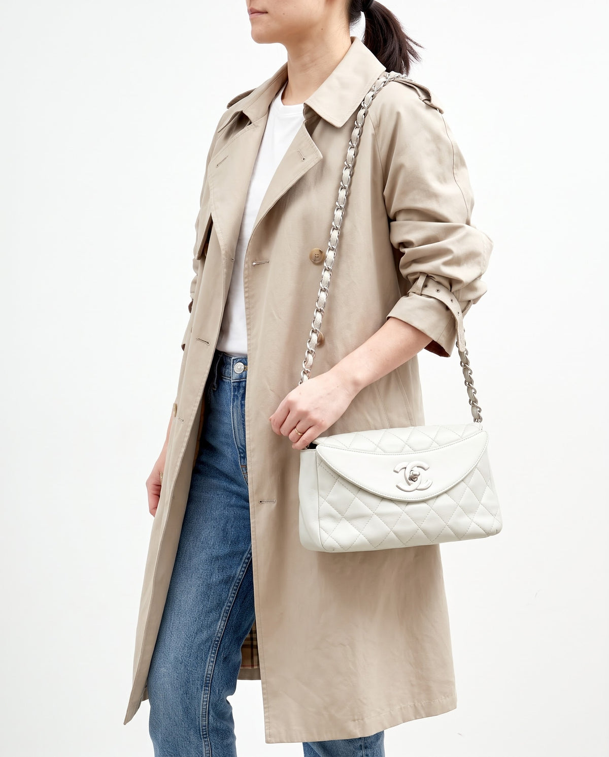 Chanel Grey Lambskin Quilted Leather SHW CC Logo Chain Flap Bag