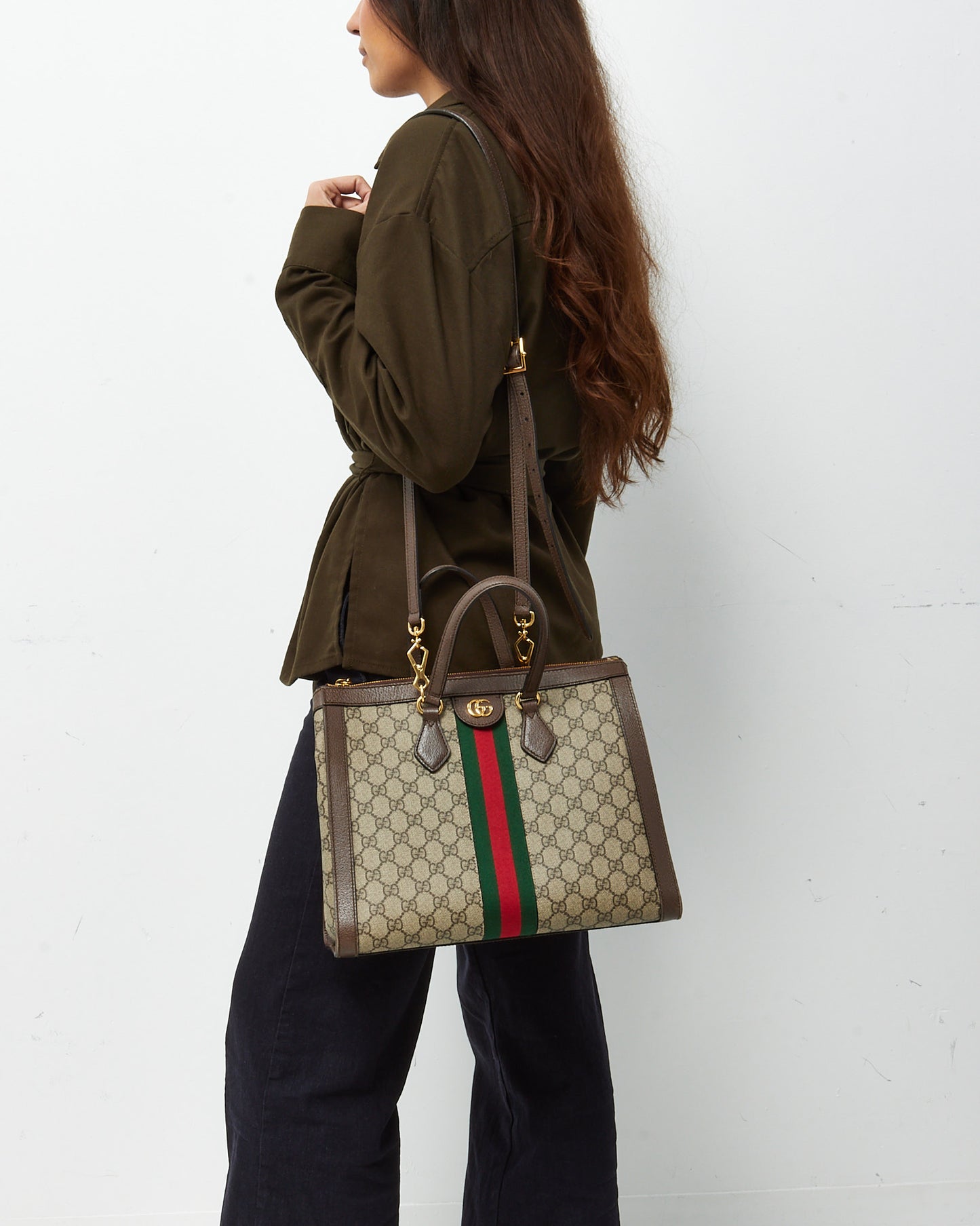 Gucci Brown and Beige Monogram GG Supreme Coated Canvas Medium Ophidia Tote with Strap