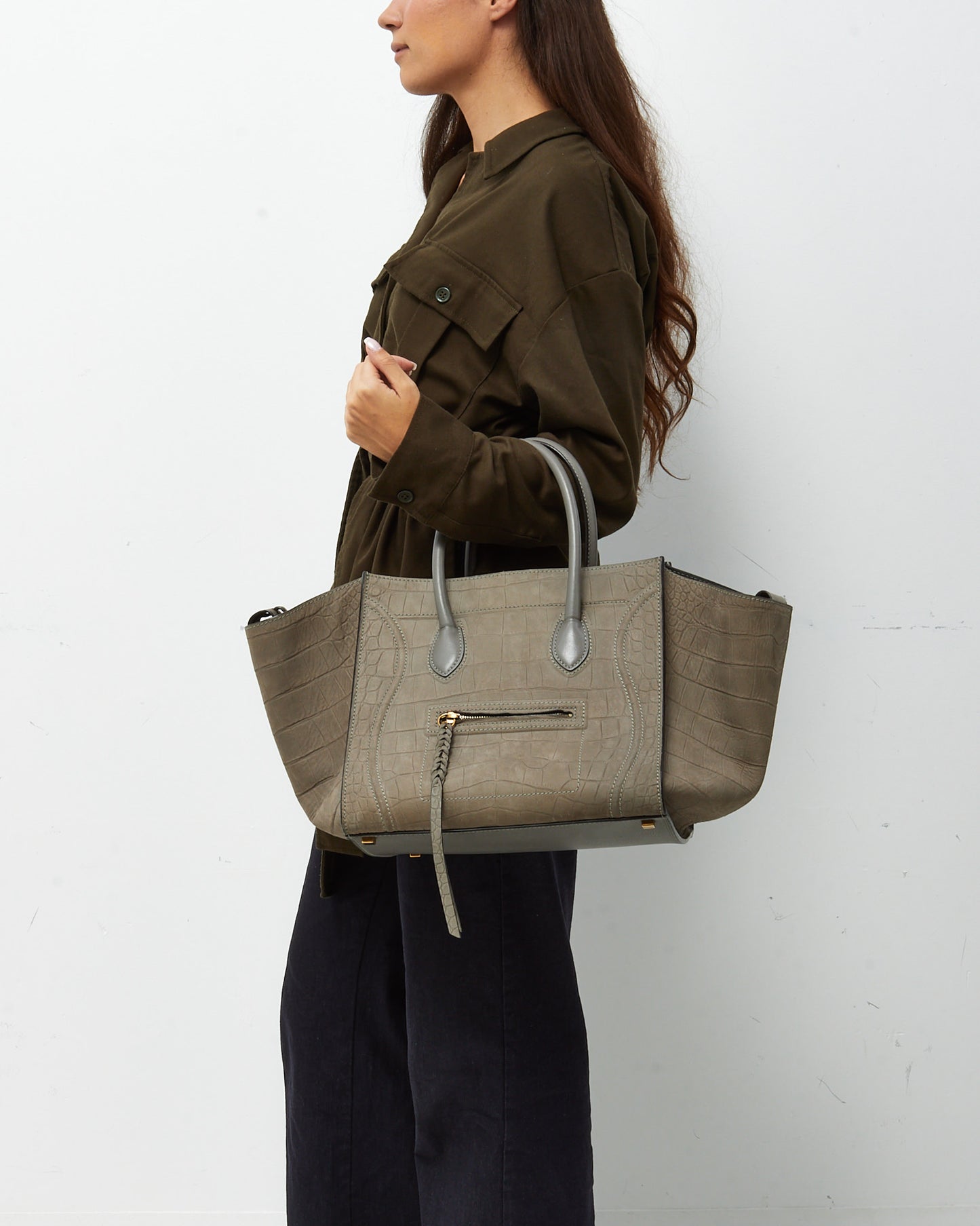 Celine Grey Croc Embossed Stamped Nubuck Suede Phantom Luggage Tote Bag