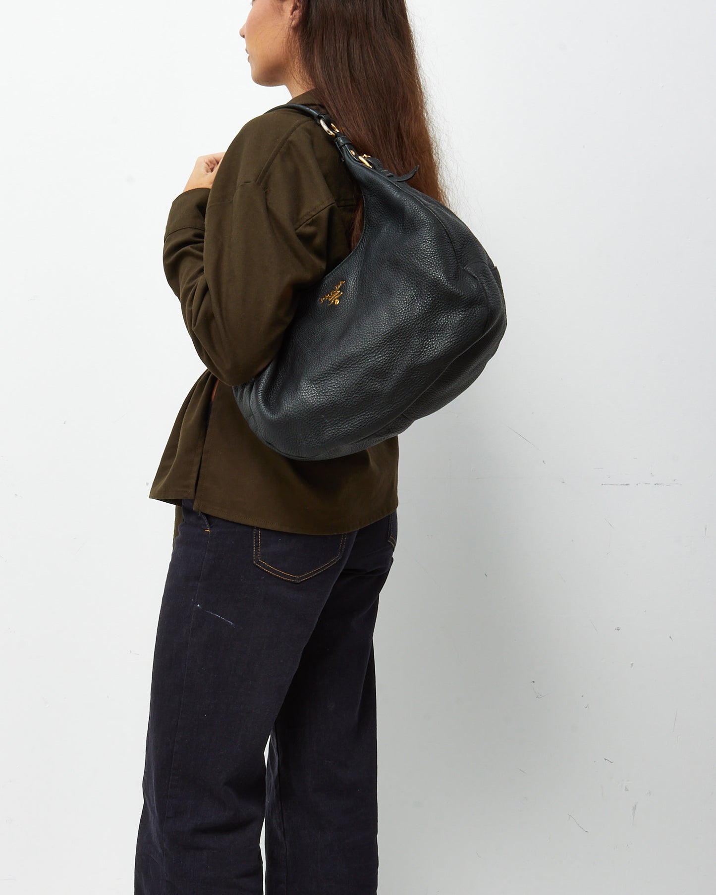 Prada Black Daino Leather Buckle Hobo Shoulder Bag