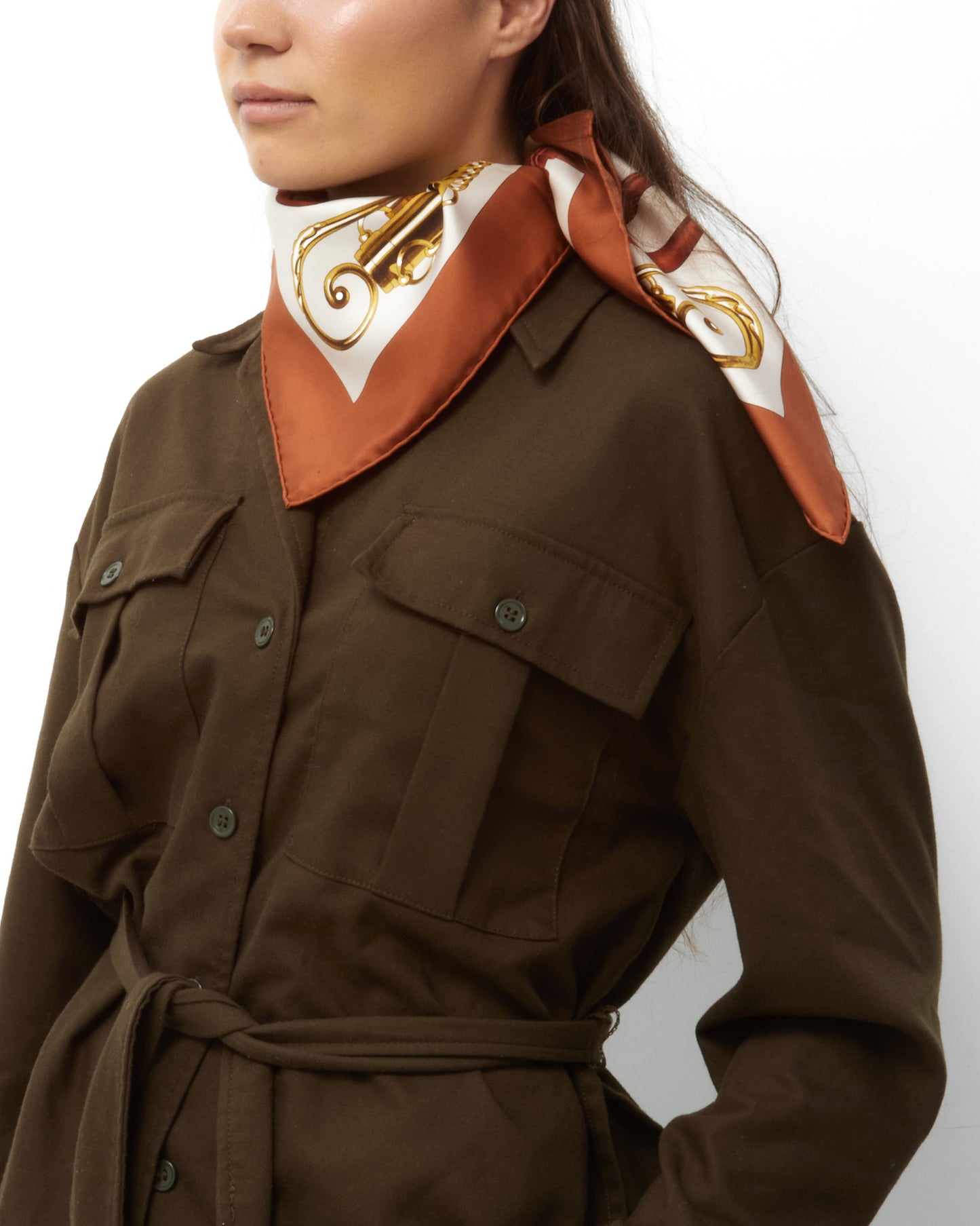 Hermès Brown/Gold/White Multi "Attelage en Arbalete" 90cm Silk Scarf