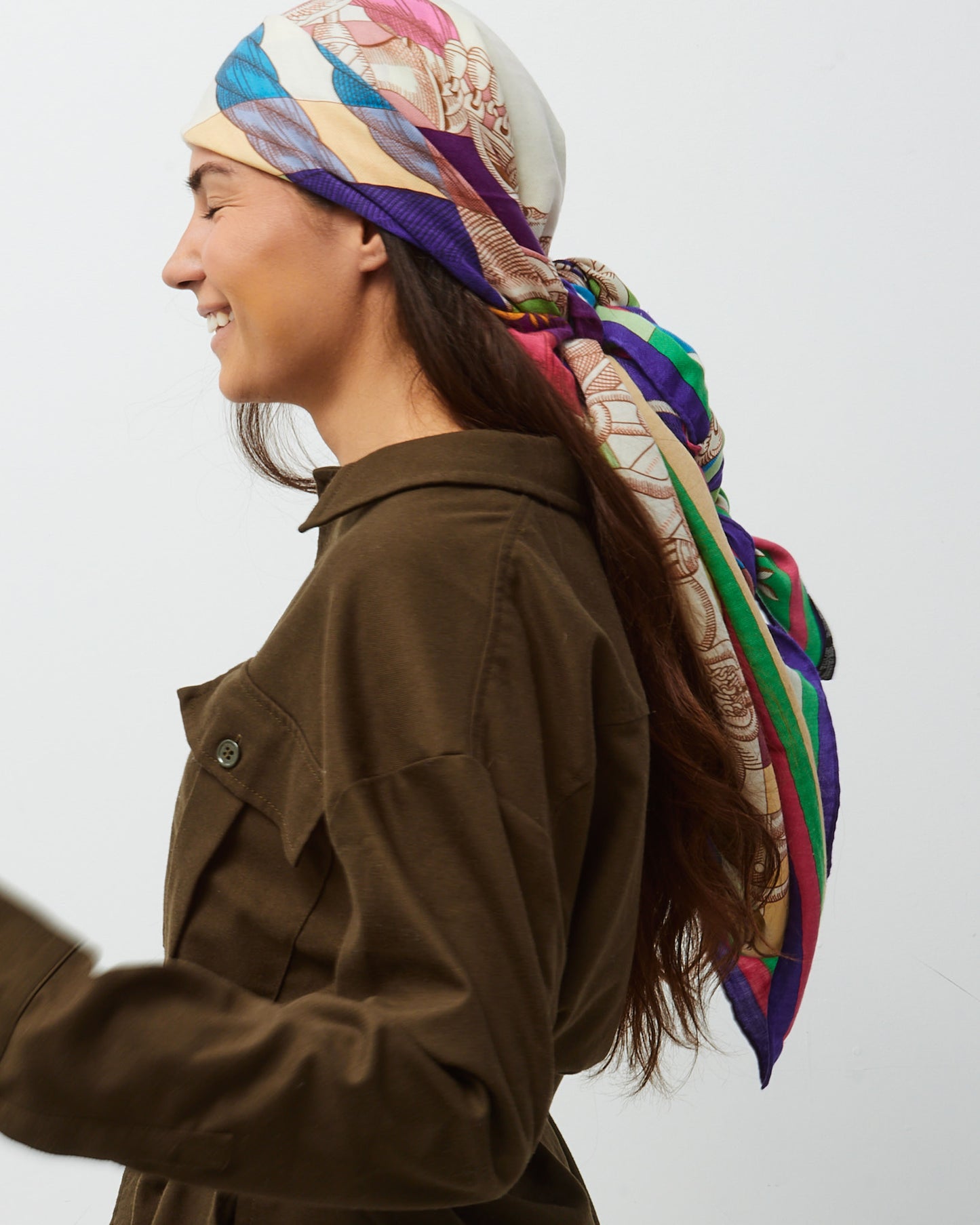 Hermès Purple/Green/Pink/Beige Multi "Della Cavalleria" Cashmere and Silk 140cm Shawl Scarf