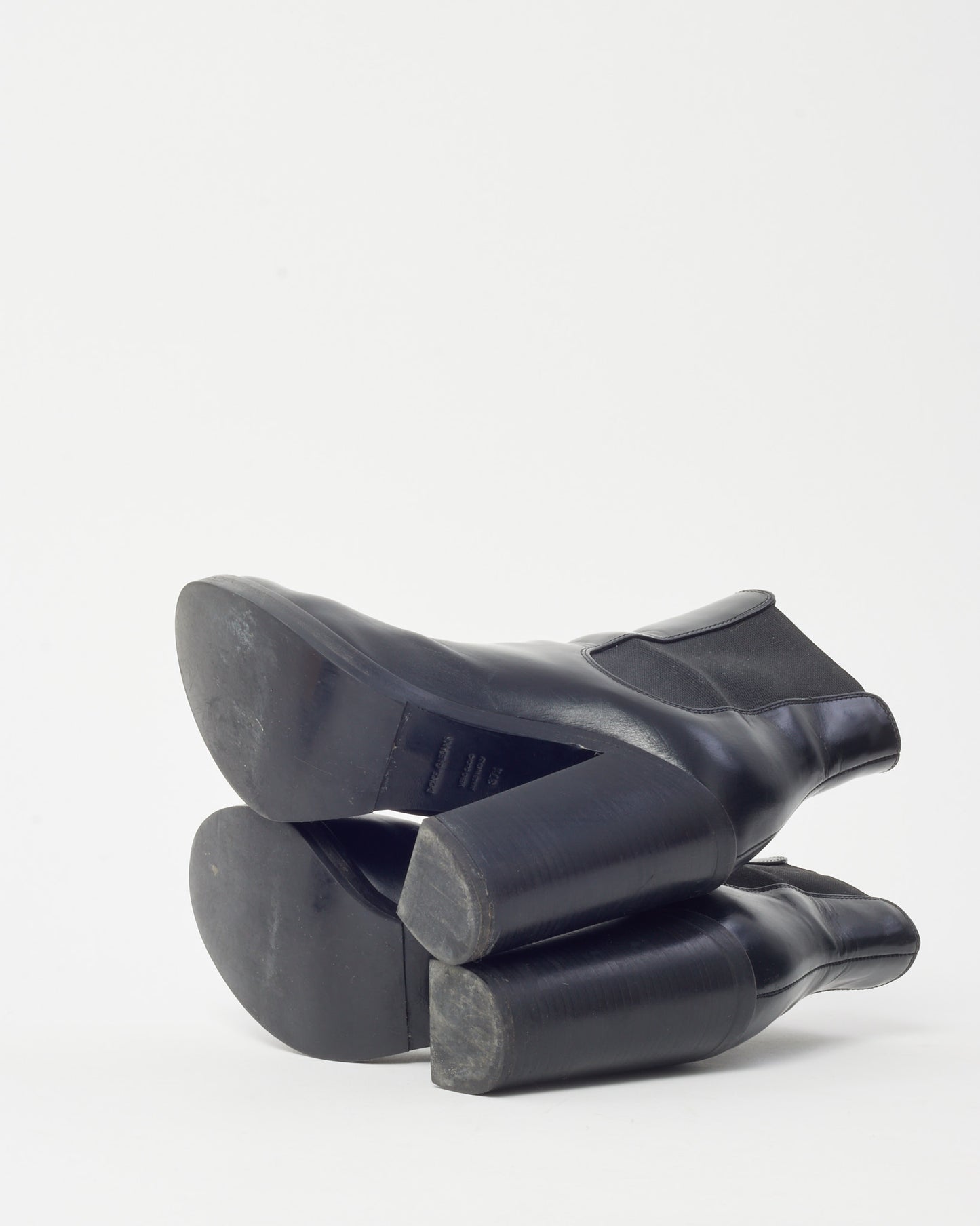 Dolce & Gabbana Black Leather and Elastic Round Toe Heeled Booties - 37.5