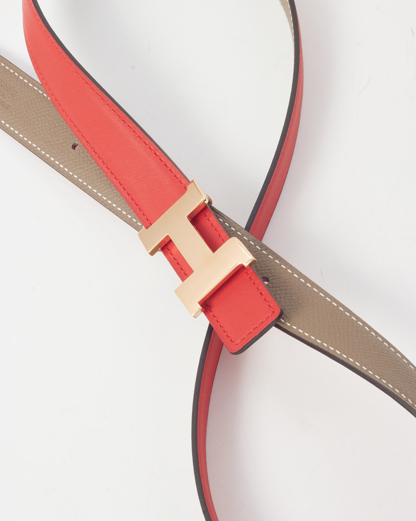 Hermès Etoupe Epsom & Red Swift Leather Reversible RGHW 24mm H Belt - 85