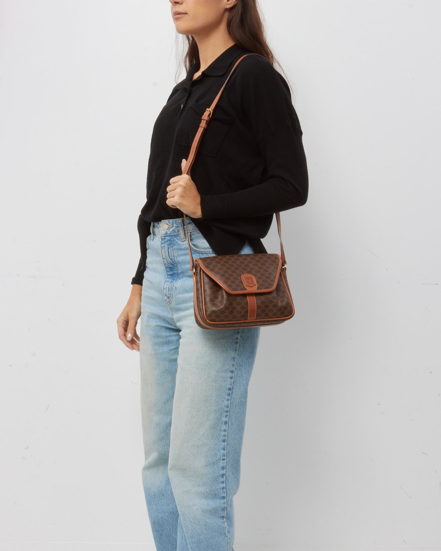 Celine Vintage Tan Leather Brown Macadam Logo Coated Canvas Crossbody Bag