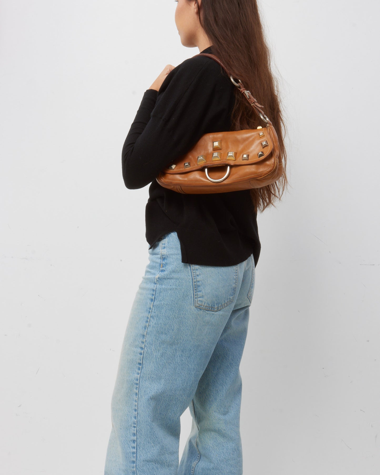 Prada Brown/Tan Leather Studded Shoulder Bag