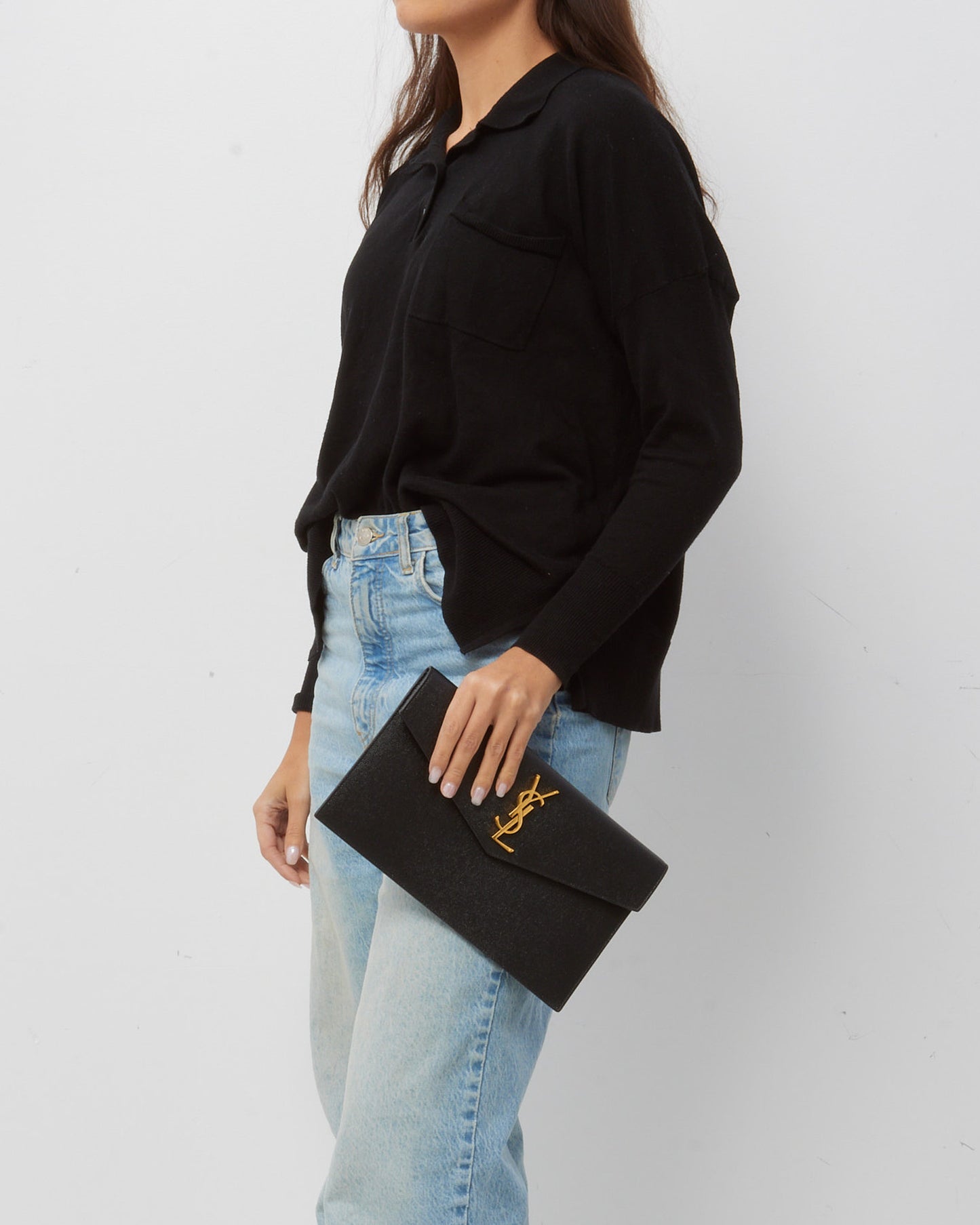 Saint Laurent Black Grained Leather GHW YSL Uptown Clutch