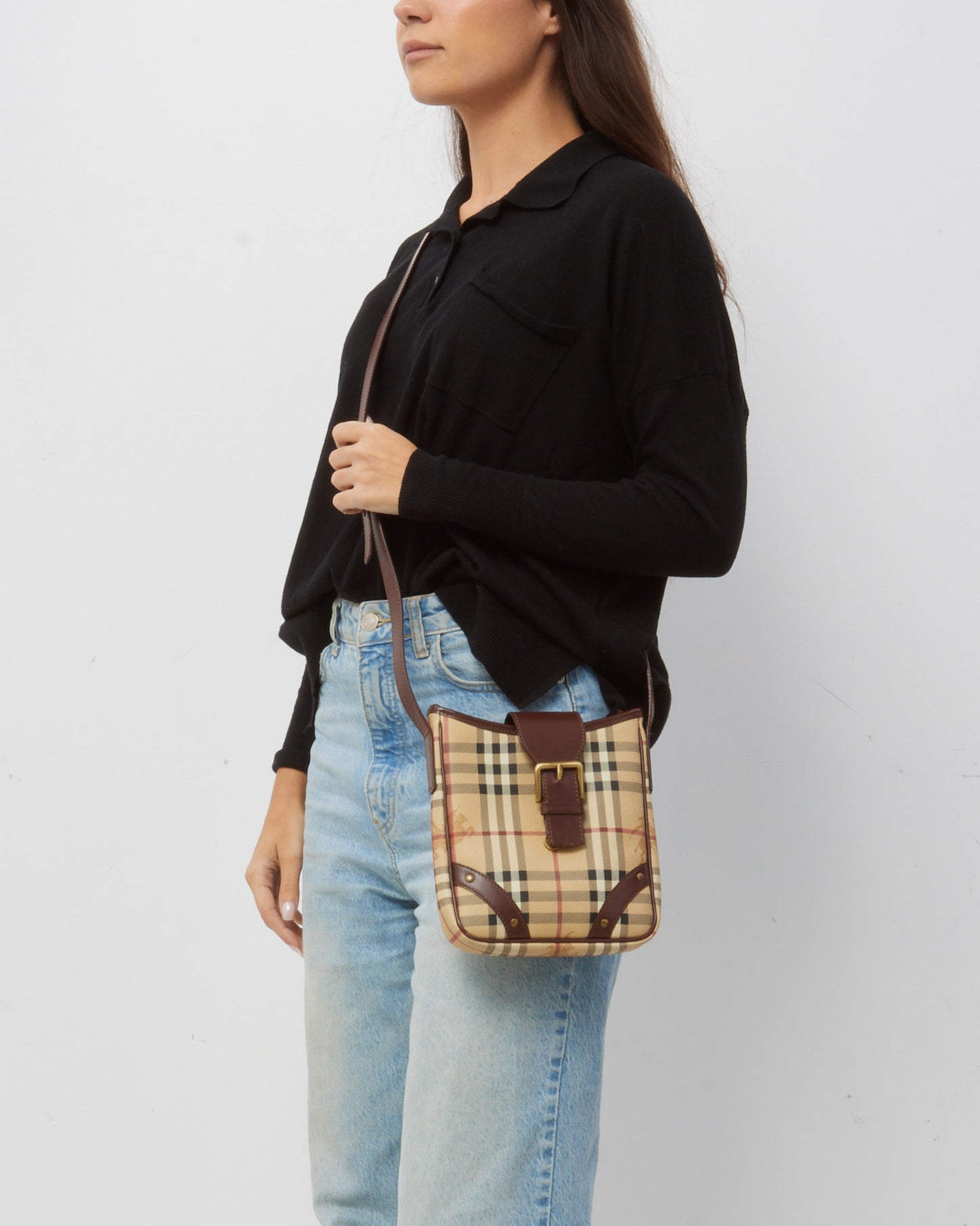 Burberry Brown Leather and Beige Haymarket Check Coated Canvas Studded Crossbody Bag