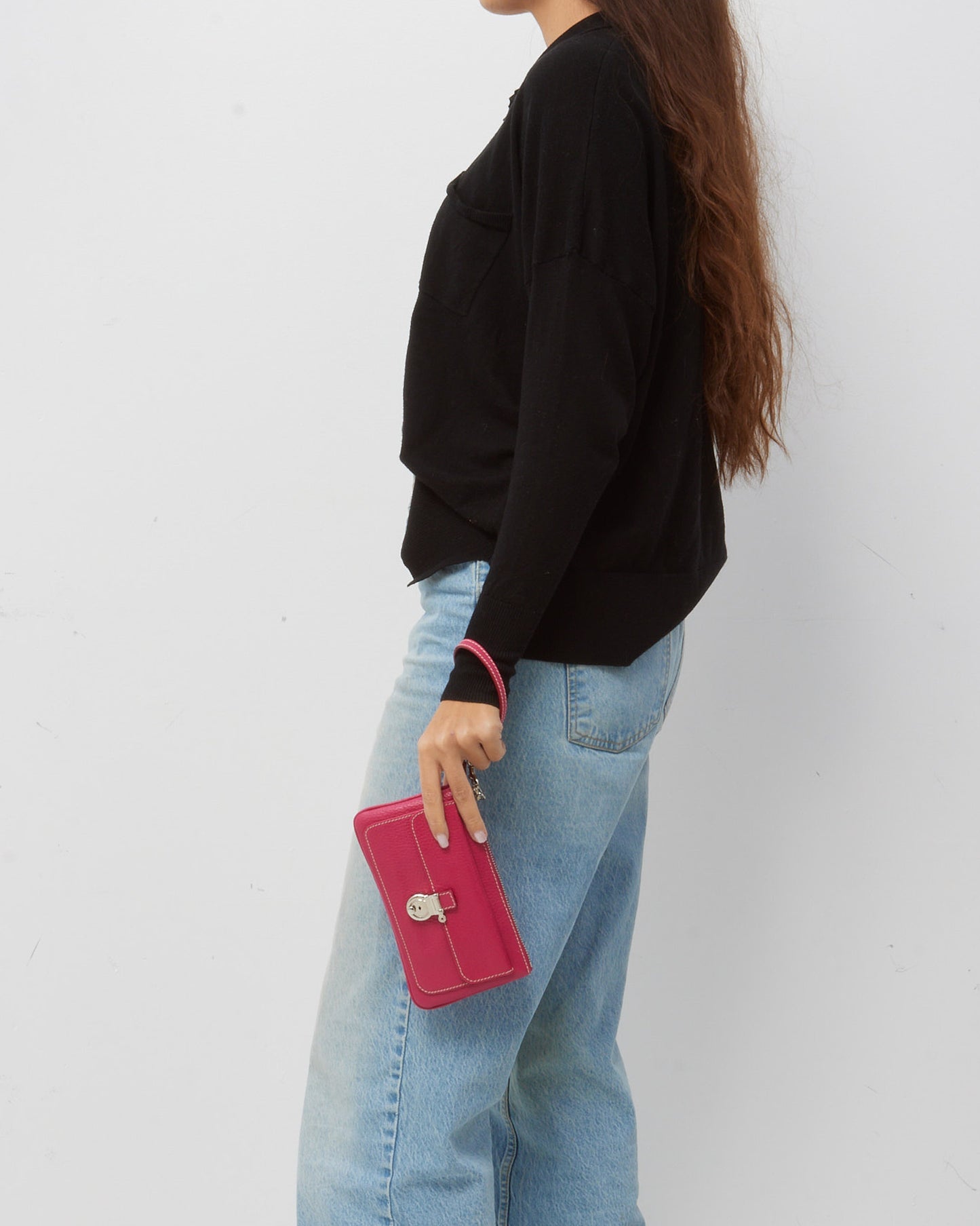 Burberry Pink Grained Leather SHW Push Lock Clasp Wristlet Clutch