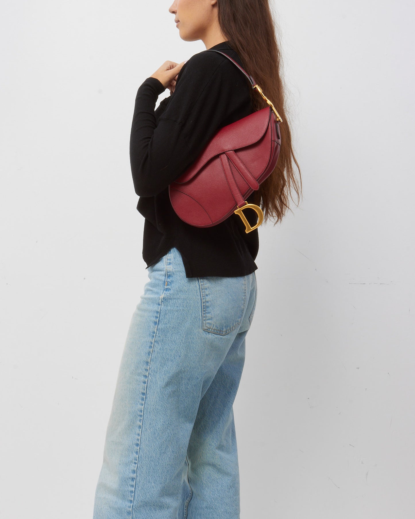 Dior Dark Red Grained Calfskin Leather Medium Saddle Bag GHW