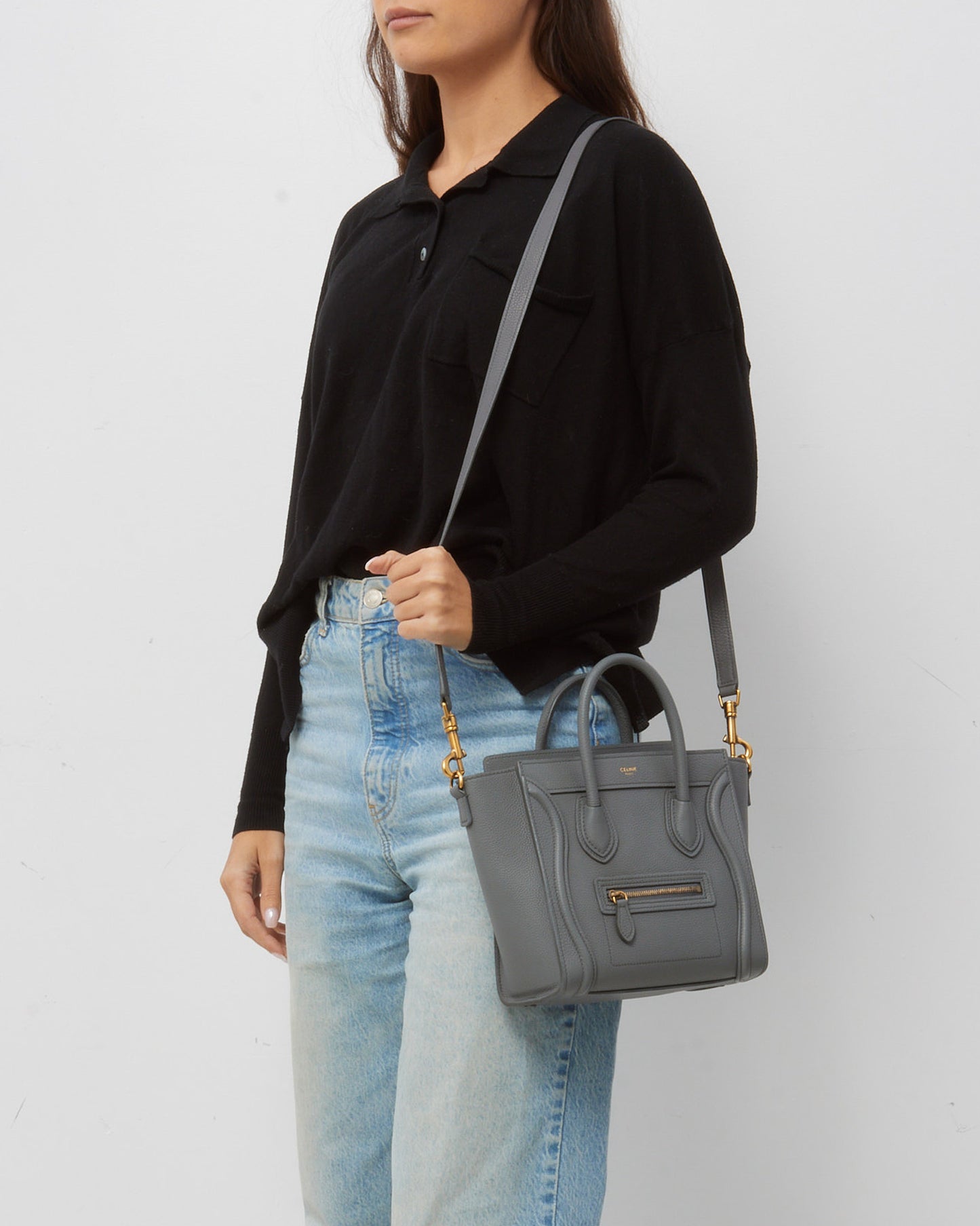 Celine Grey Drummed Leather Nano Luggage Bag with Strap