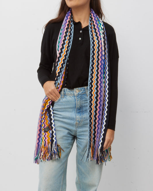 Missoni Multi Black/Blue/Yellow/Purple Missoni Zigzag-intarsia Wool Blend Fringe Scarf