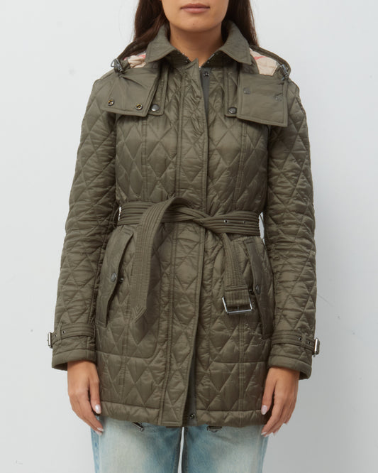 Burberry Khaki Grey Nylon Padded Finsbridge Quilted Belted Jacket - S
