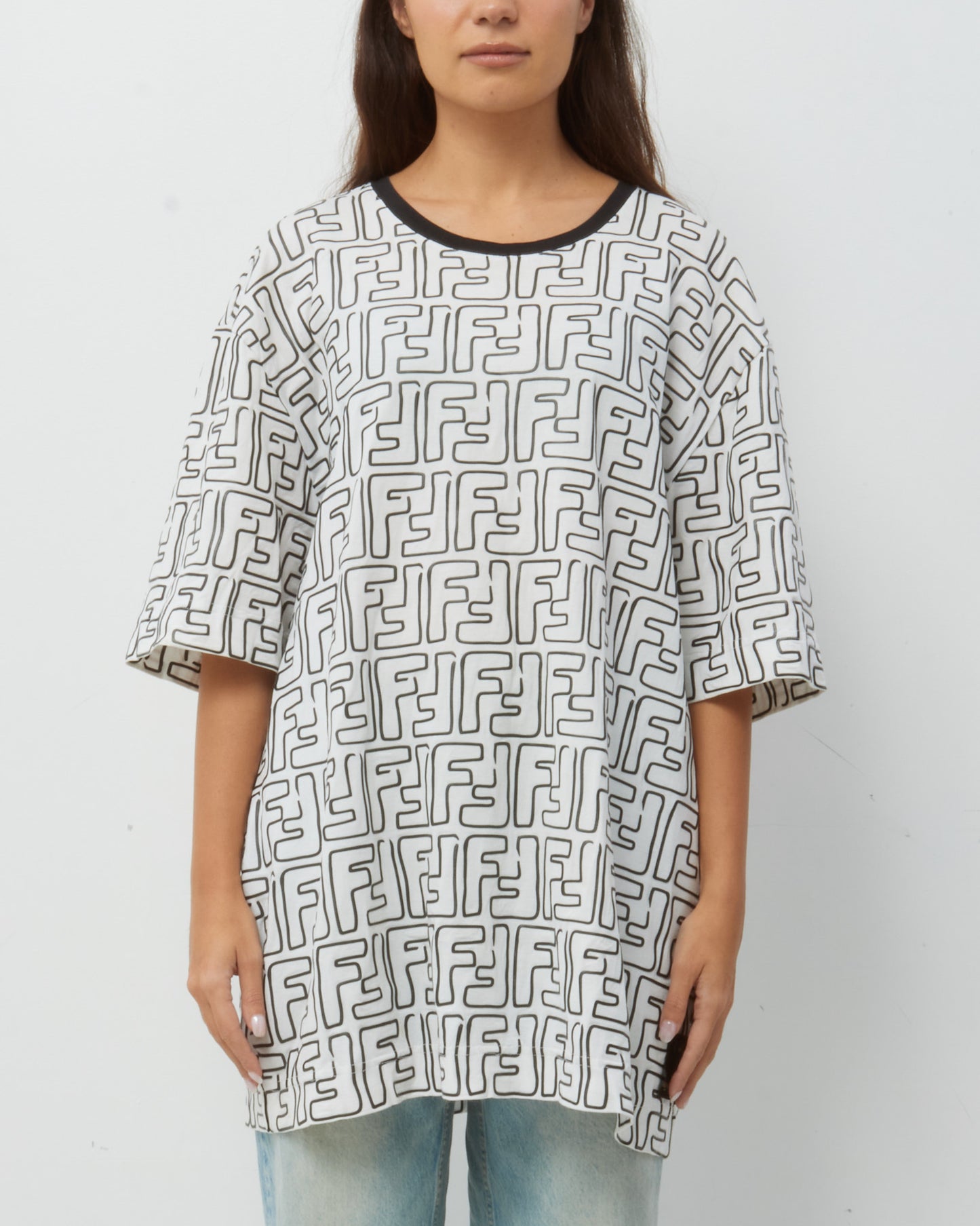Fendi White and Black Zucca FF Logo Print T-Shirt - XXXL