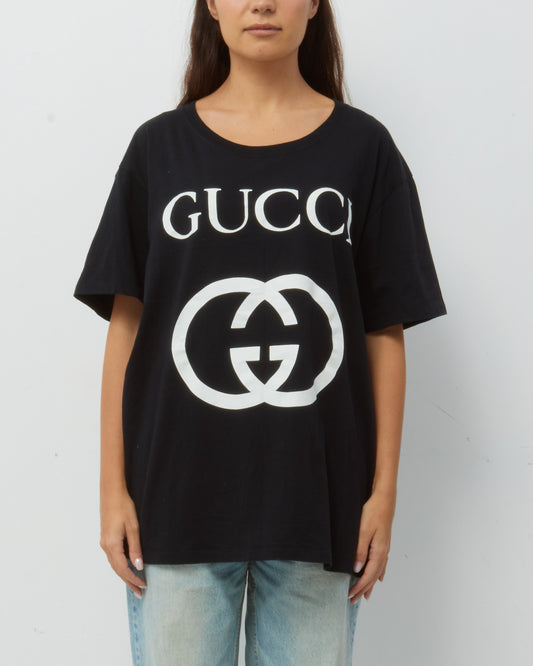 Gucci Black Cotton White GG Logo T-Shirt - L