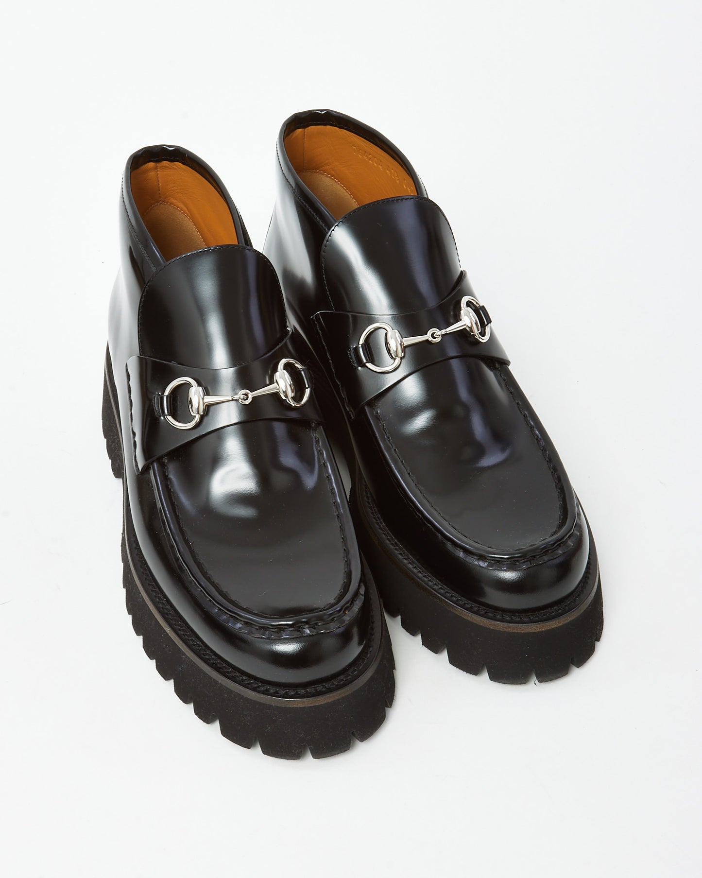 Gucci Black Leather SHW Horsebit Lug Sole Ankle Booties - 41.5