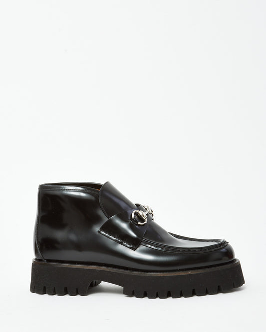 Gucci Black Leather SHW Horsebit Lug Sole Ankle Booties - 41.5