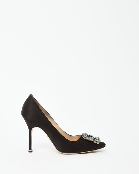 Manolo Blahnik Black Satin Jewel Buckle Hangisi Pumps - 37.5
