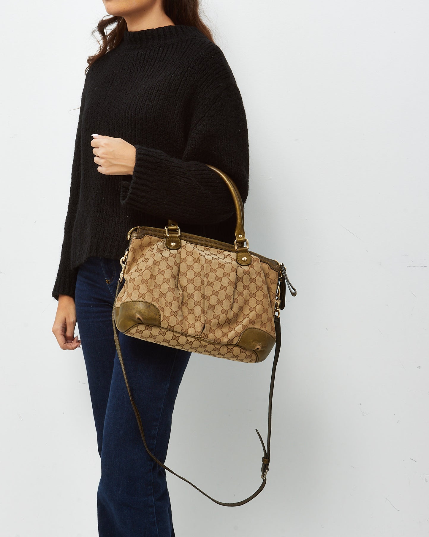 Gucci Khaki Metallic Leather & Beige and Brown GG Monogram Canvas Sukey 2Way Tote with Strap