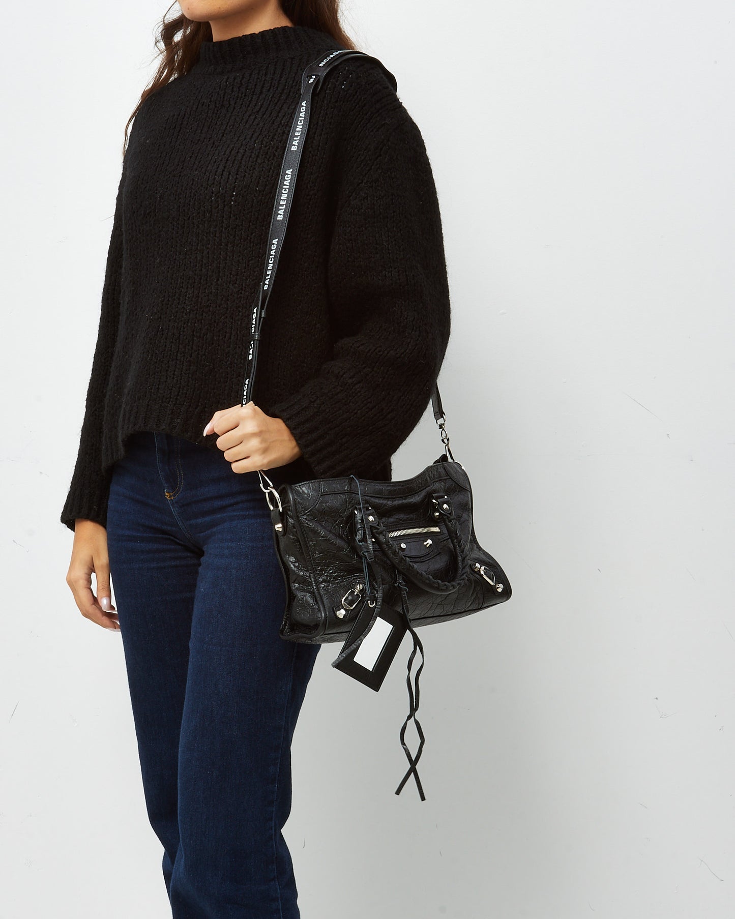 Balenciaga Black Arena Lambskin Leather Small Motorcycle City Bag with Logo Strap