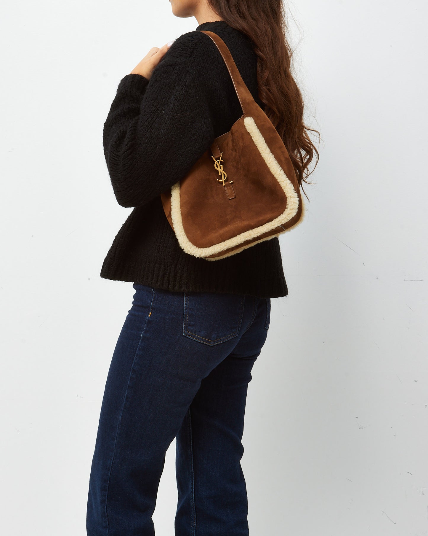 Saint Laurent Brown Suede and Shearling 5 a 7 Small Soft Hobo Shoulder Bag