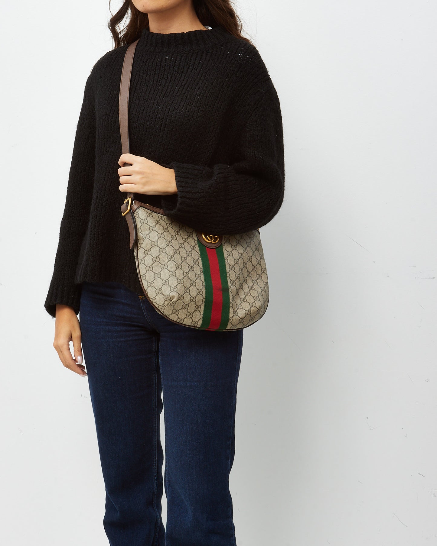 Gucci Beige and Beige Monogram GG Supreme Canvas Small Web Ophidia Half Moon Hobo Bag