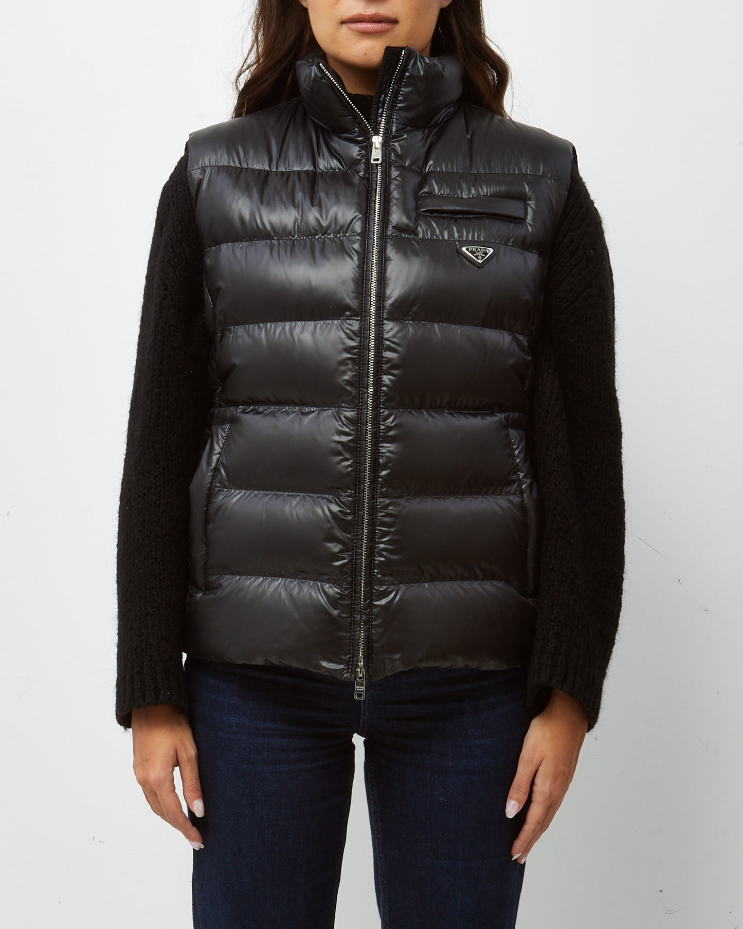 Prada Men's Black Shiny Nylon Padded Logo Puffer Vest - 46 IT MEN / 36 US / S