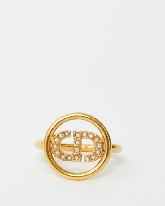Dior Gold Metal and Rhinestone Crystal Petit CD Circle Ring - M