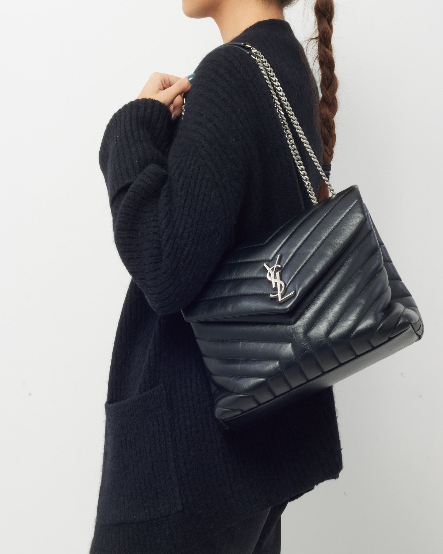 Saint Laurent Black Chevron Leather Medium Loulou Shoulder Bag SHW