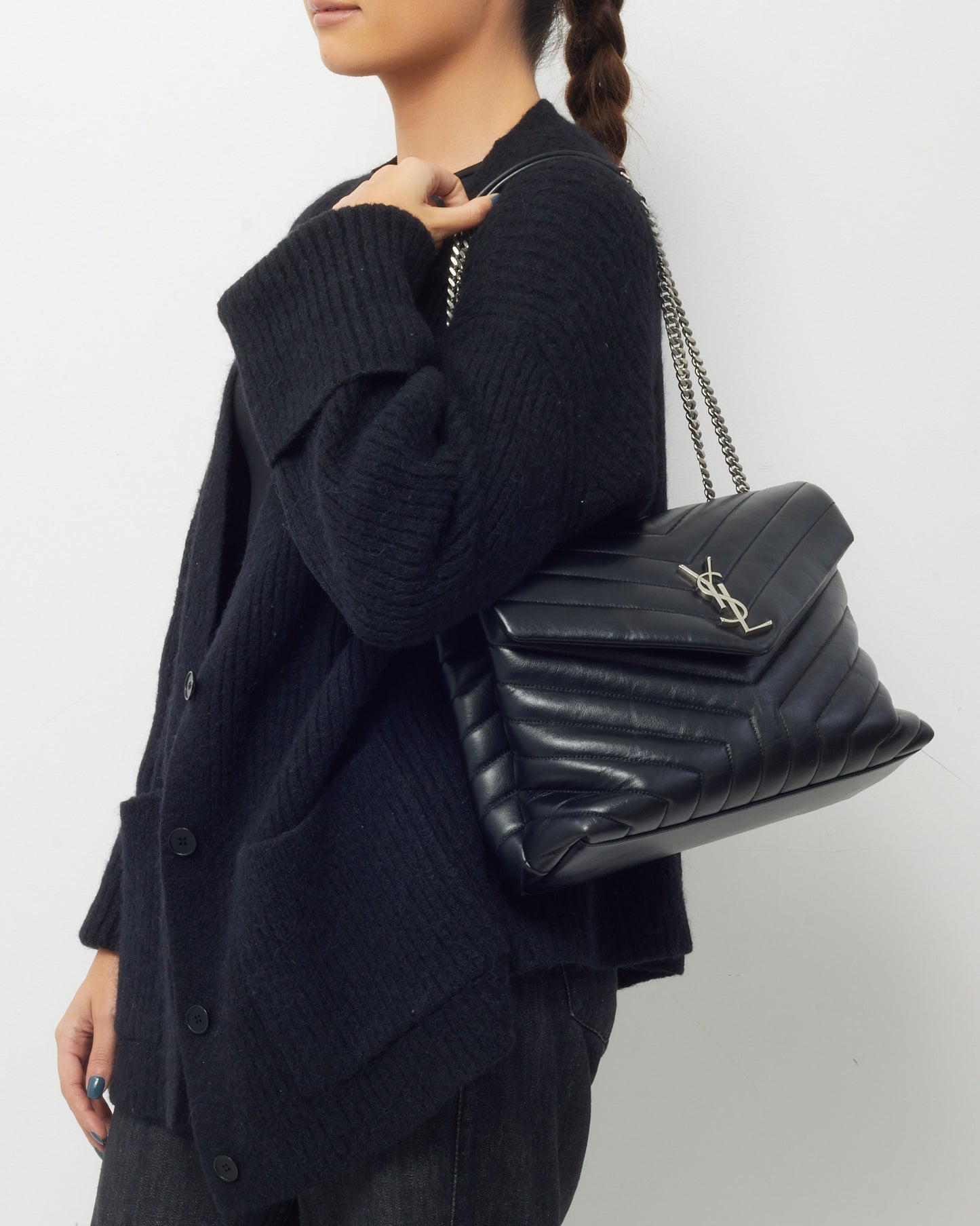 Saint Laurent Black Chevron Leather Medium Loulou Shoulder Bag SHW