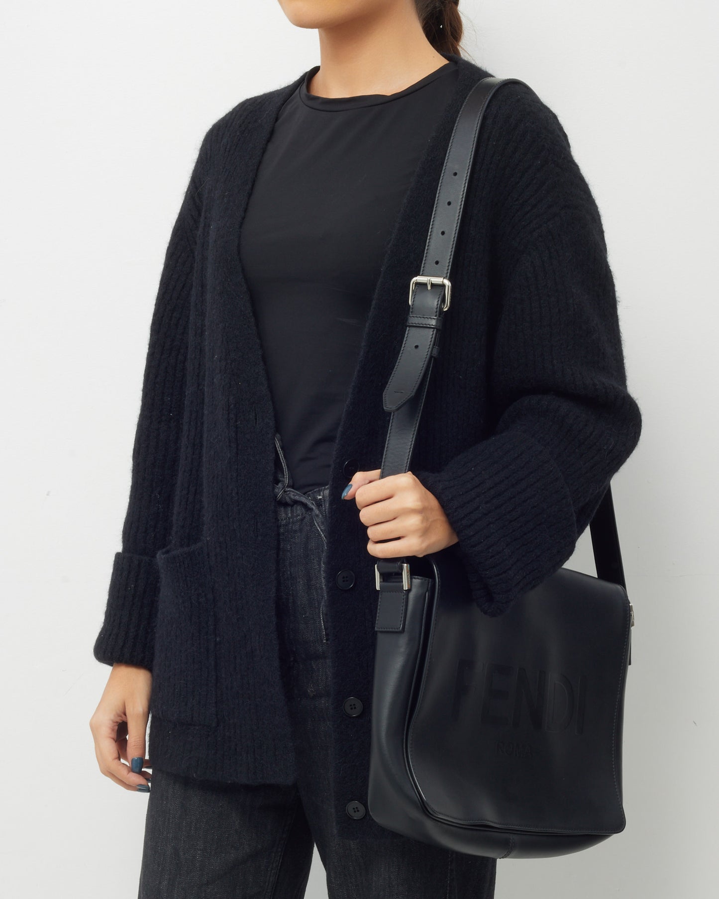 Fendi Black Leather FENDI Logo Embossed Messenger Bag