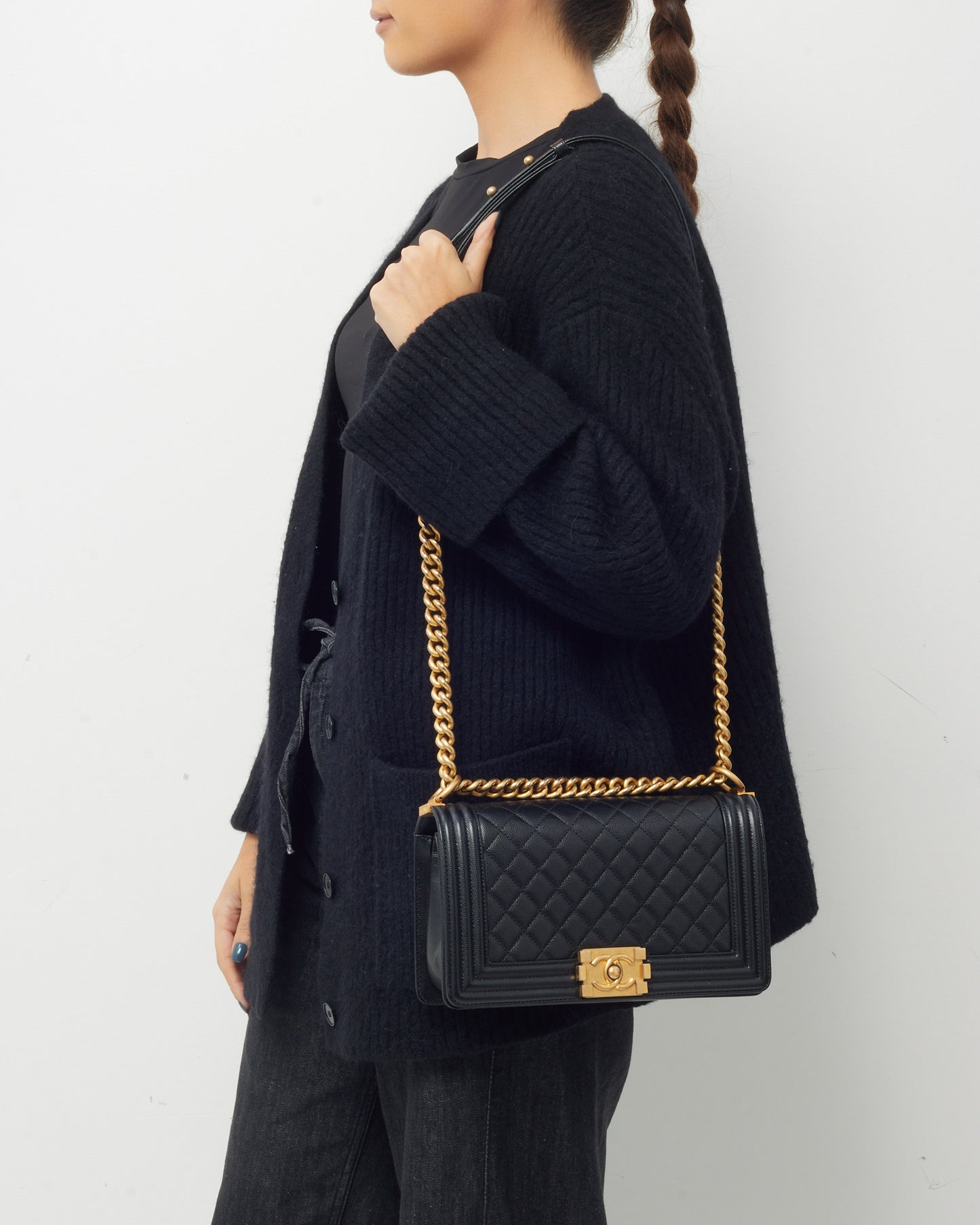 Chanel Black Quilted Caviar Leather Medium Boy Bag GHW