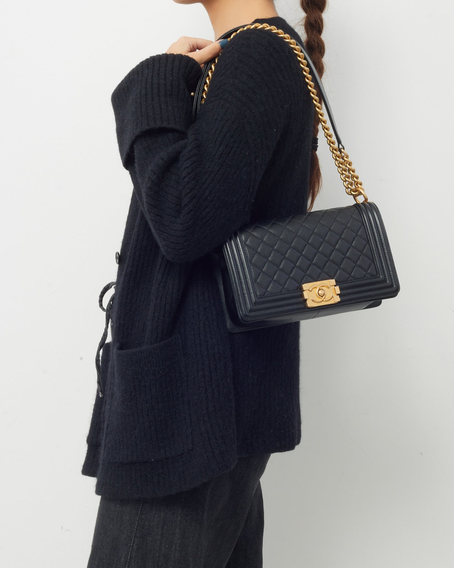 Chanel Black Quilted Caviar Leather Medium Boy Bag GHW