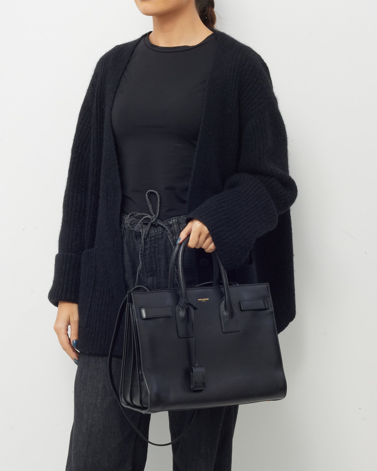 Saint Laurent Black Smooth Leather Small Sac De Jour Bag with Strap