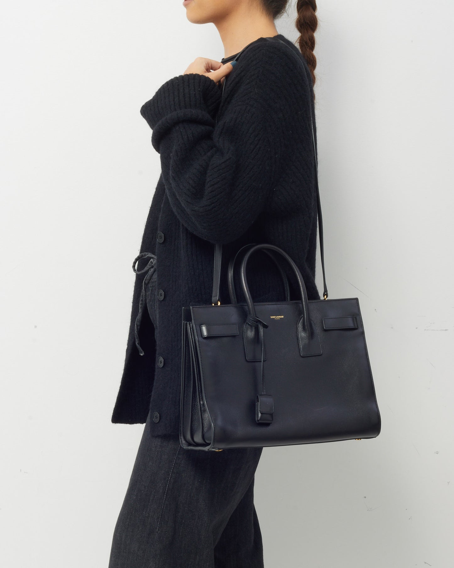 Saint Laurent Black Smooth Leather Small Sac De Jour Bag with Strap