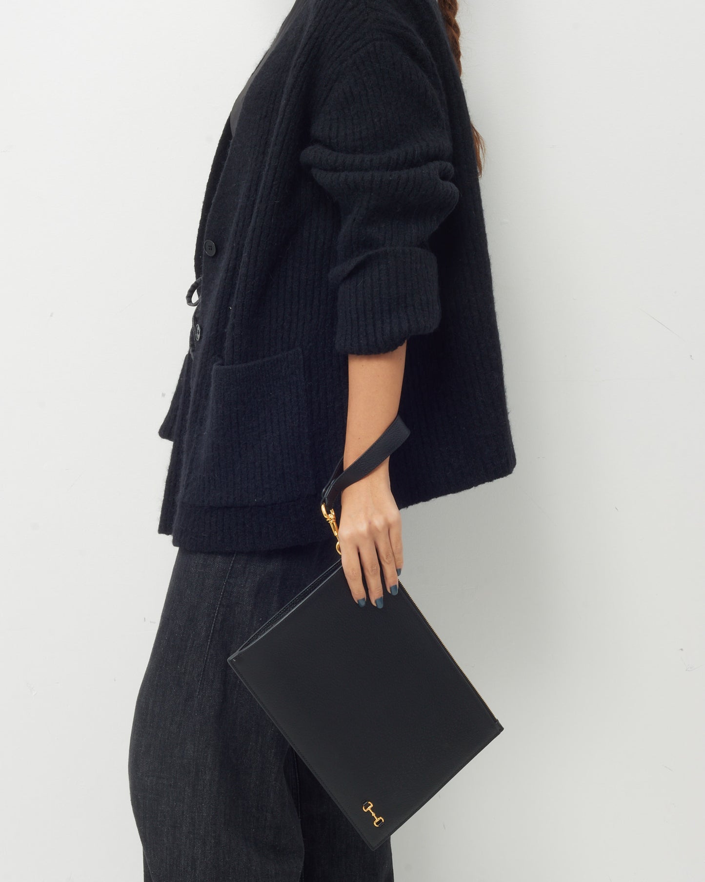 Gucci Black Pebbled Leather Gold 1955 Horsebit Zip Pouch Wristlet Clutch